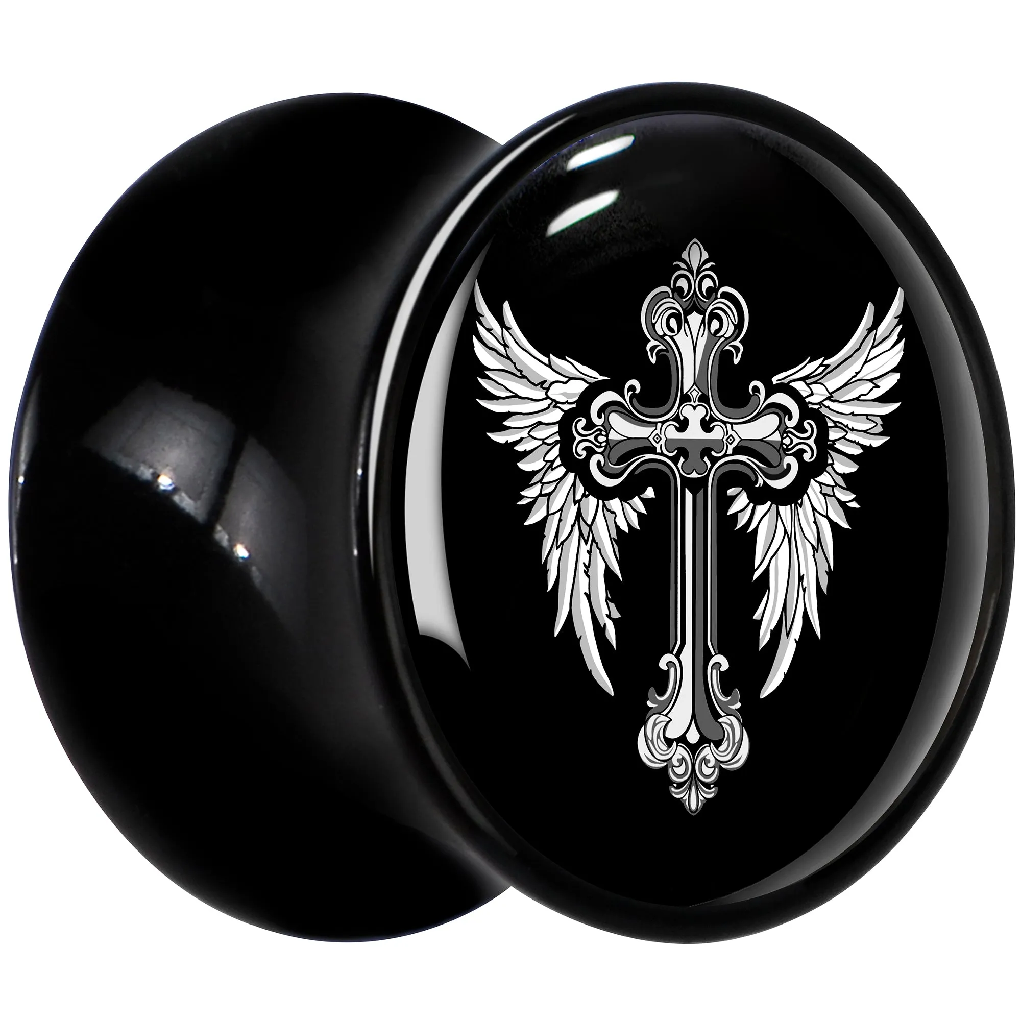 0 Gauge Black White Winged Cross Black Acrylic Saddle Plug Set