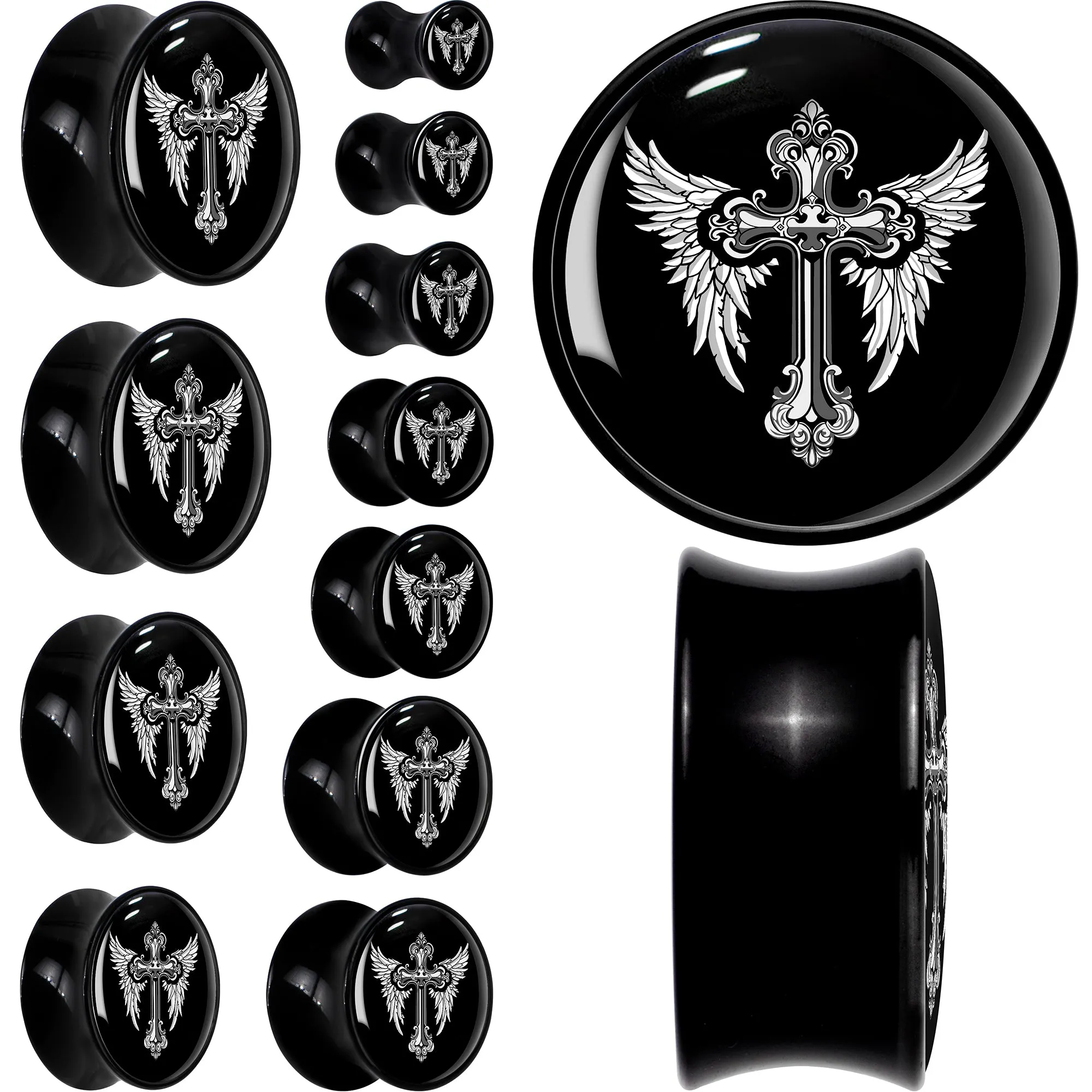 0 Gauge Black White Winged Cross Black Acrylic Saddle Plug Set