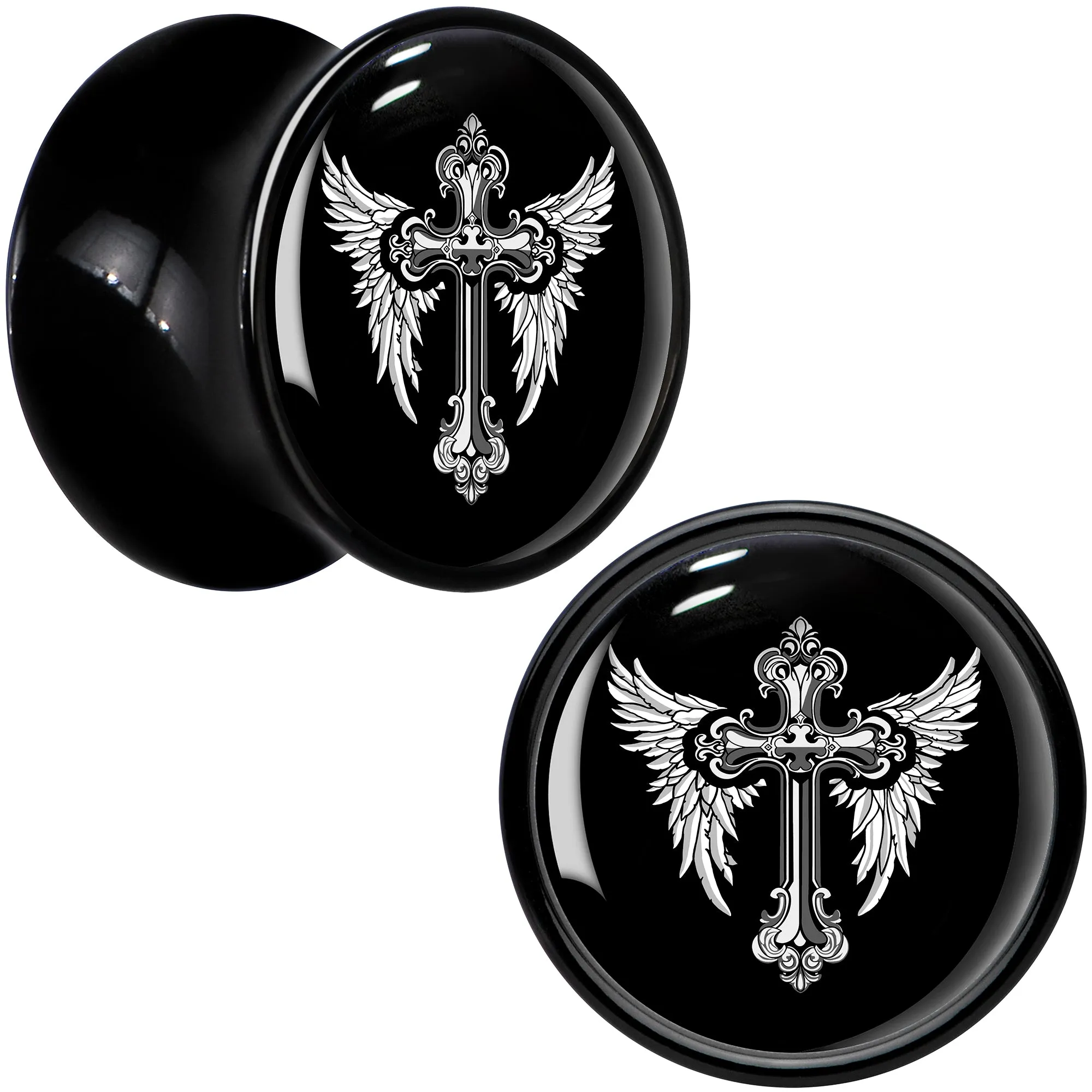 0 Gauge Black White Winged Cross Black Acrylic Saddle Plug Set