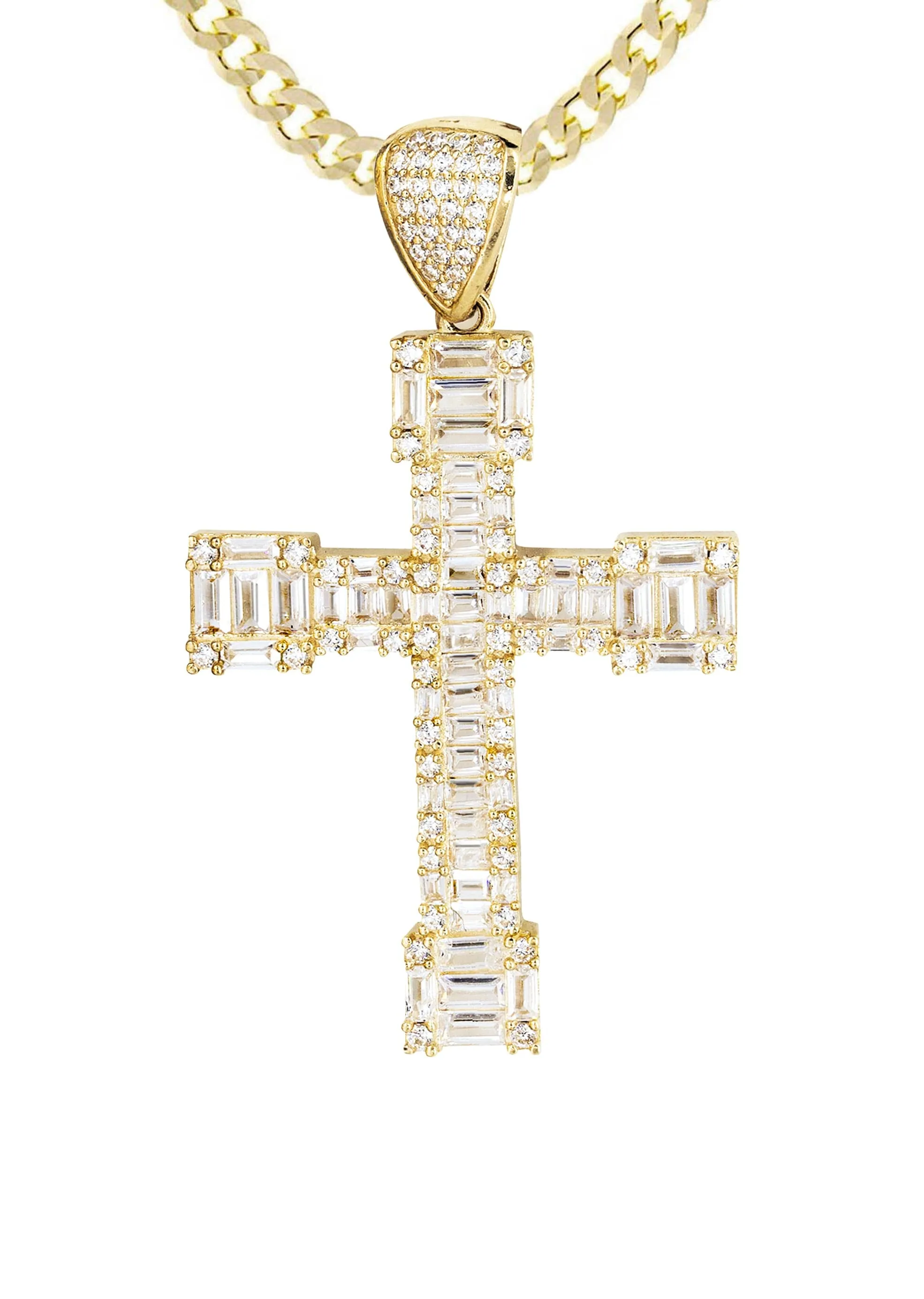 10K Yellow Gold Baguette Cross Necklace | Appx. 14.7 Grams