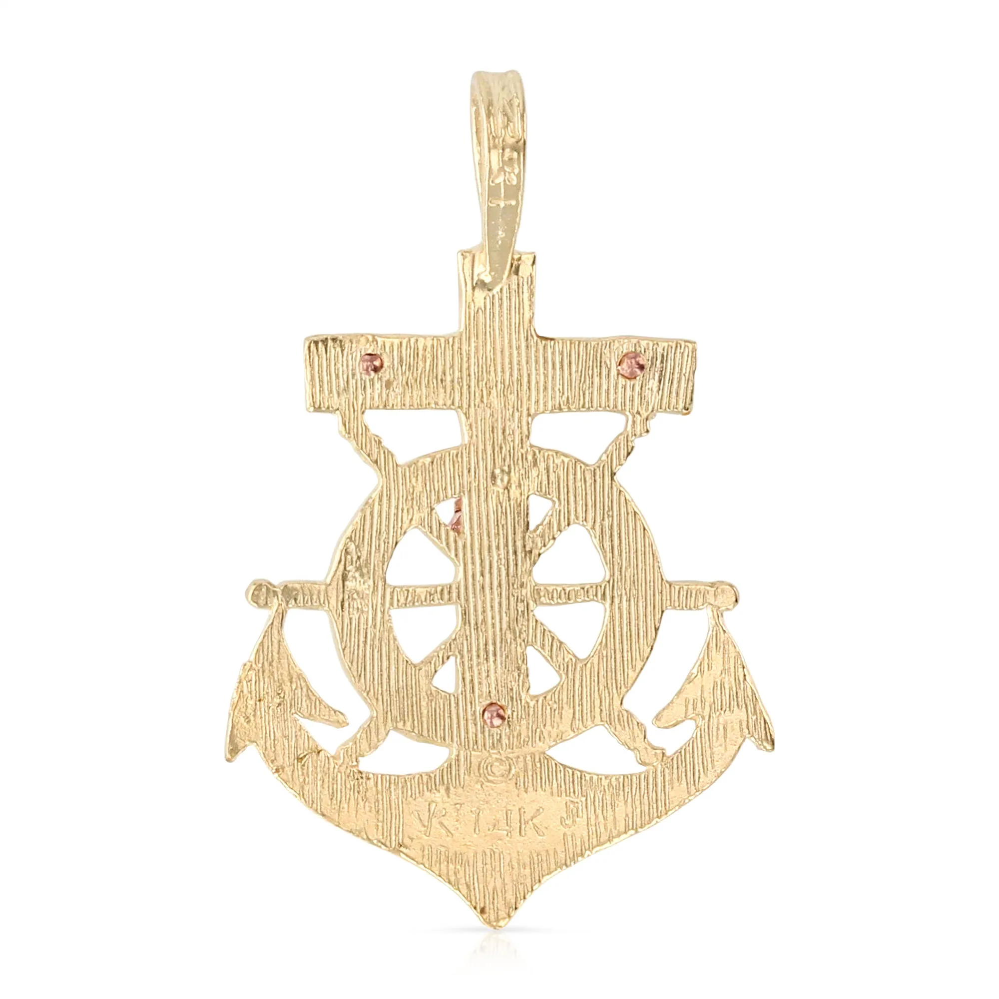 14K Gold Crucifix Anchor Charm Pendant with 2mm Flat Open Wheat Chain Necklace