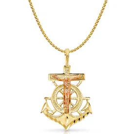 14K Gold Crucifix Anchor Charm Pendant with 2mm Flat Open Wheat Chain Necklace