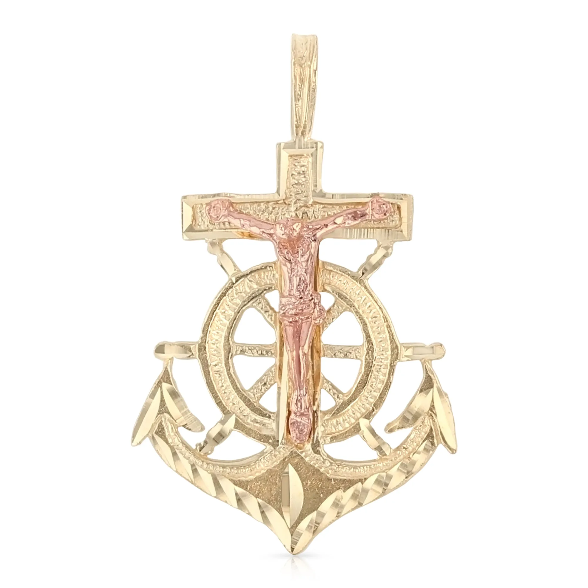 14K Gold Crucifix Anchor Charm Pendant with 2mm Flat Open Wheat Chain Necklace