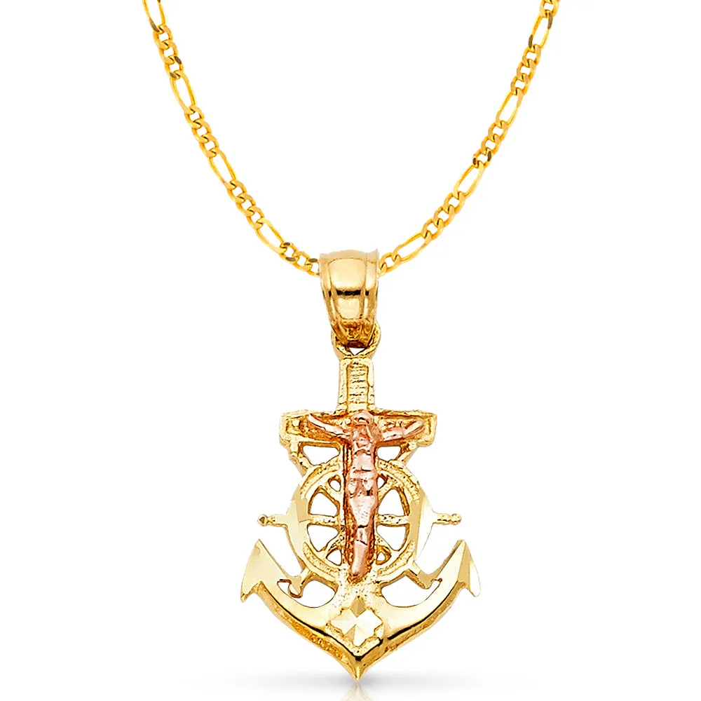 14K Gold Crucifix Anchor Charm Pendant with 3.8mm Figaro 3 1 Chain Necklace