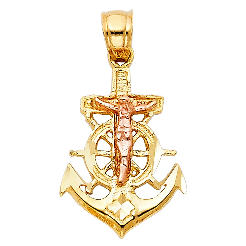 14K Gold Crucifix Anchor Charm Pendant with 3.8mm Figaro 3 1 Chain Necklace