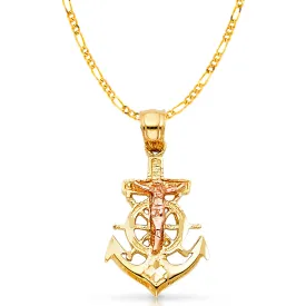 14K Gold Crucifix Anchor Charm Pendant with 3.8mm Figaro 3 1 Chain Necklace