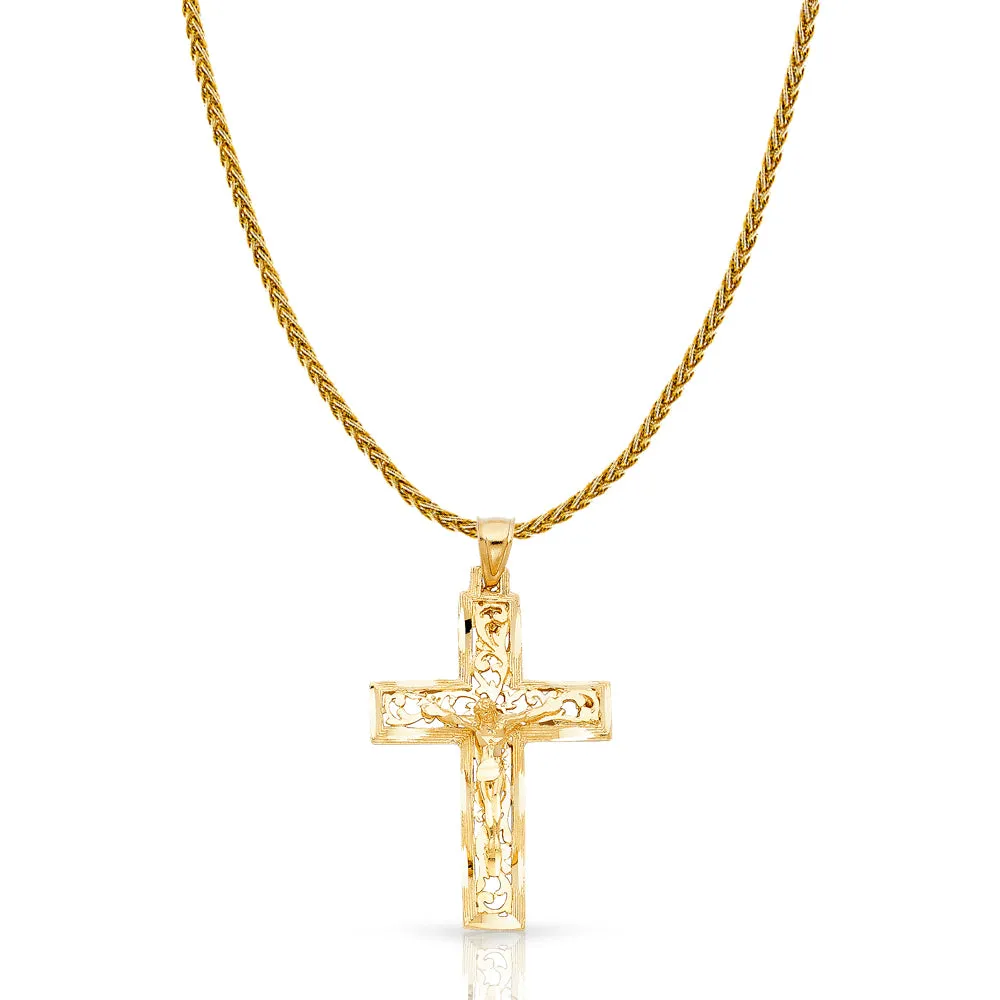 14K Gold Crucifix Charm Pendant with 1.4mm Round Wheat Chain Necklace