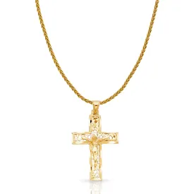 14K Gold Crucifix Charm Pendant with 1.4mm Round Wheat Chain Necklace