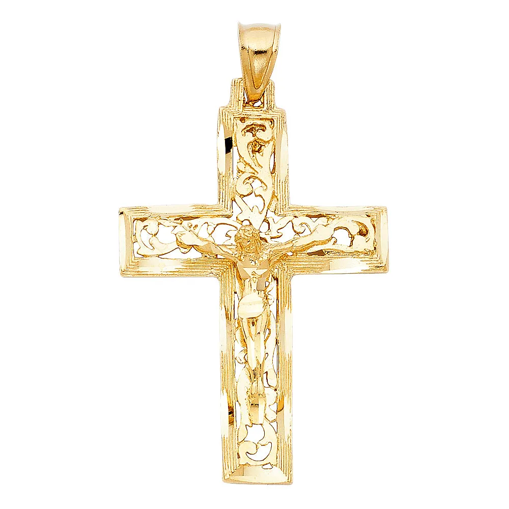 14K Gold Crucifix Charm Pendant with 1.4mm Round Wheat Chain Necklace