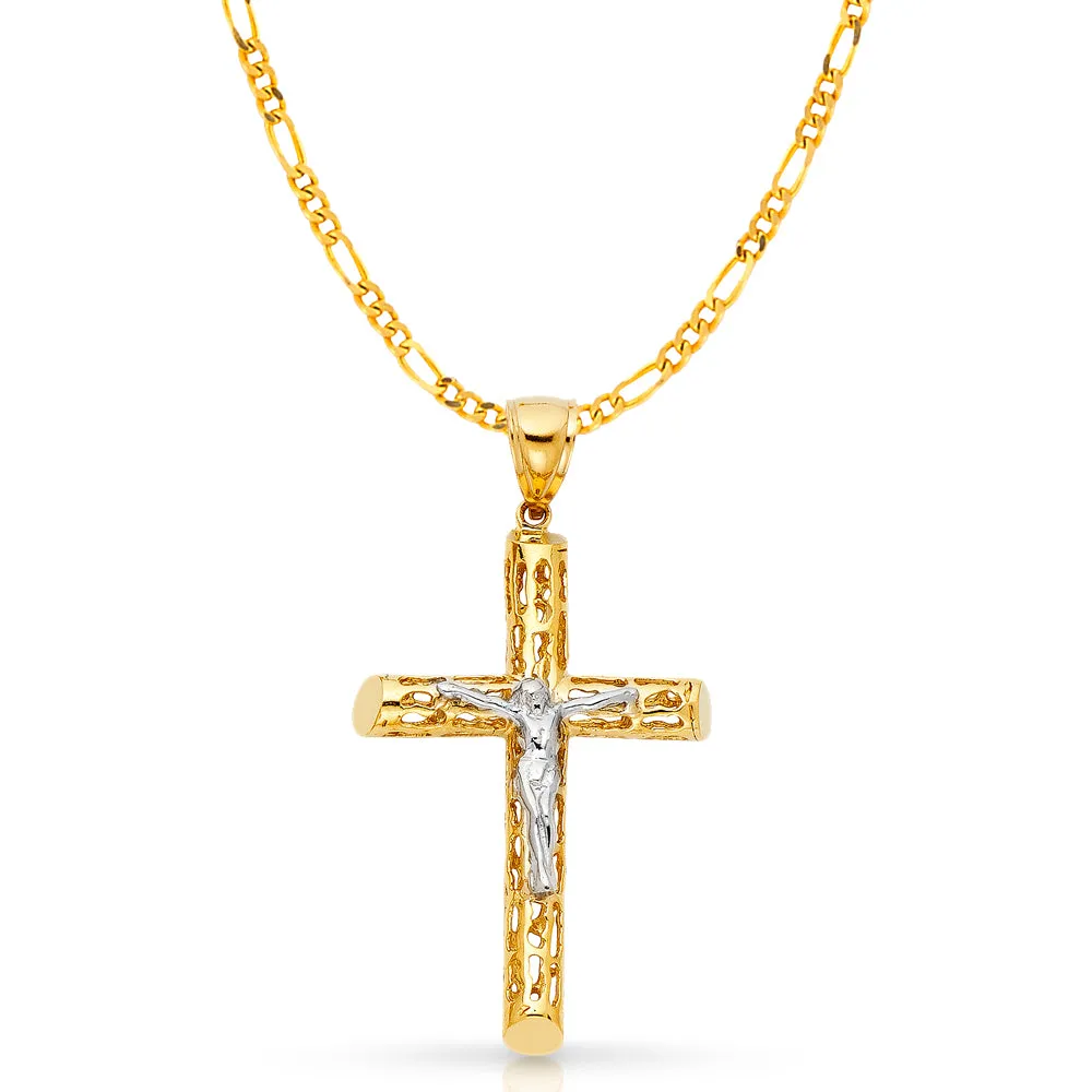 14K Gold Crucifix Charm Pendant with 3.1mm Figaro 3 1 Chain Necklace