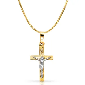 14K Gold Crucifix Pendant with 1.5mm Flat Open Wheat Chain