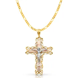 14K Gold Crucifix Pendant with 3.1mm Figaro 3 1 Chain