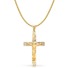 14K Gold Crucifix Stamp Charm Pendant with 2mm Flat Open Wheat Chain Necklace