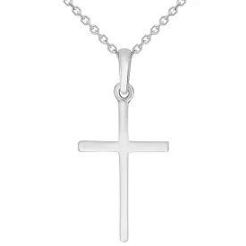 14k Solid White Gold Classic Small Religious Cross Charm Pendant with Cable Chain Necklace