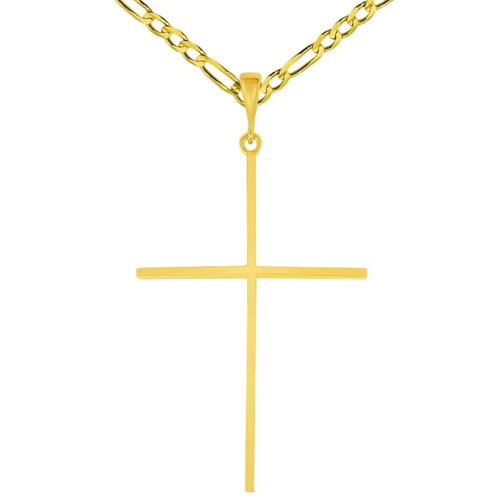 14k Solid Yellow Gold Large Slender Cross Pendant with Rolo Cable, Cuban Curb, or Figaro Chain Necklace (1.25 Inch Height)