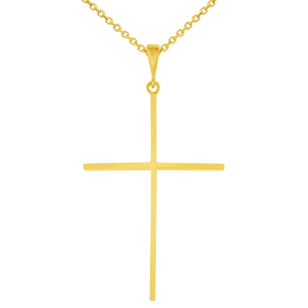 14k Solid Yellow Gold Large Slender Cross Pendant with Rolo Cable, Cuban Curb, or Figaro Chain Necklace (1.25 Inch Height)