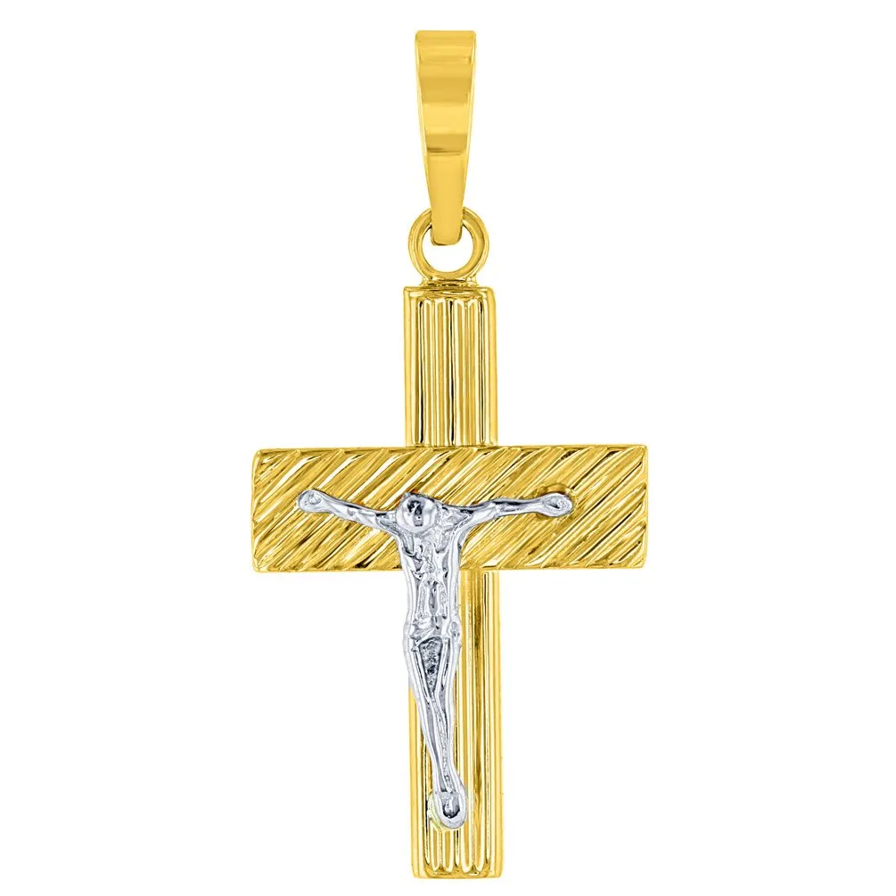 14K Two-Tone Gold Rugged Edged Cross Crucifix Pendant with Figaro Chain Necklace