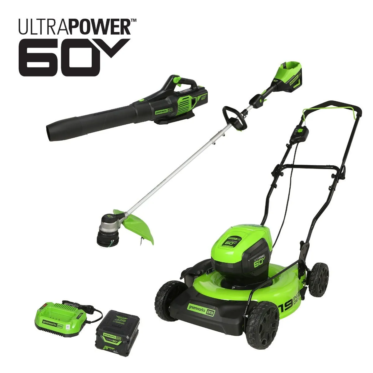 60V 19" Cordless Battery Push Mower Combo Kit w/ Blower and String Trimmer w/ 5.0Ah Battery & Charger