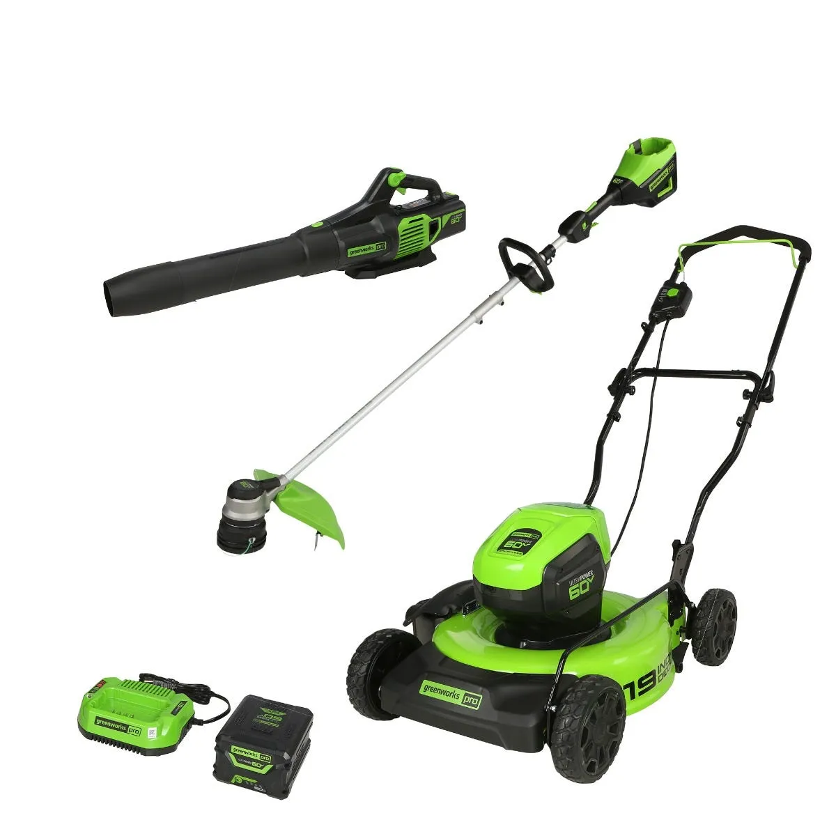 60V 19" Cordless Battery Push Mower Combo Kit w/ Blower and String Trimmer w/ 5.0Ah Battery & Charger