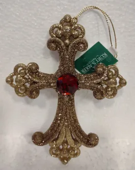 Acrylic Gold Cross Ornament with Red Gem 5"x4"