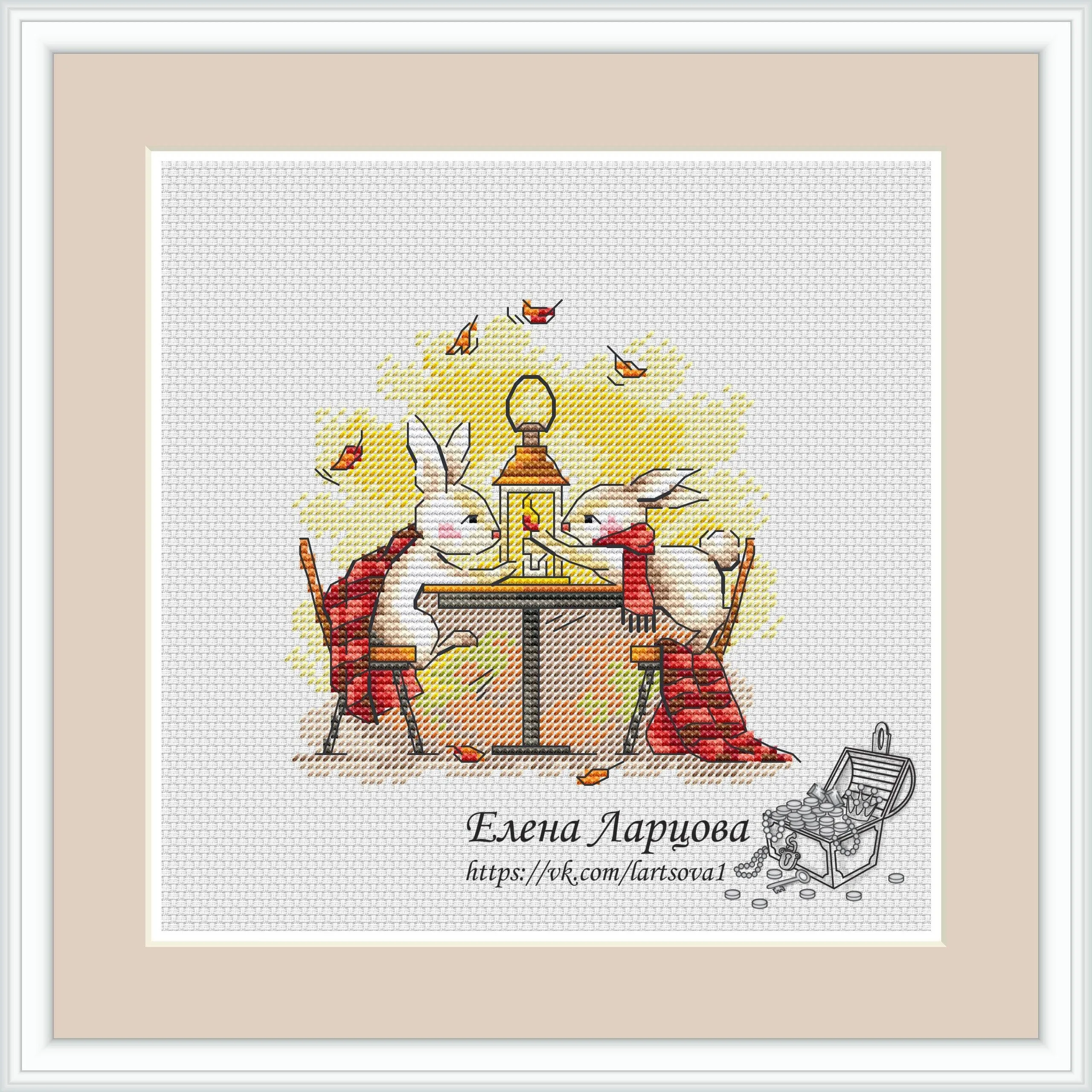 Autumn Bunnies.  Evening Meeting - PDF Cross Stitch Pattern