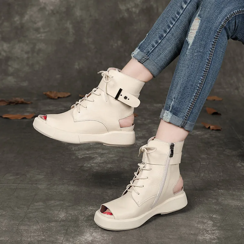 Buckle Retro Leather Open Toe Summer Boots