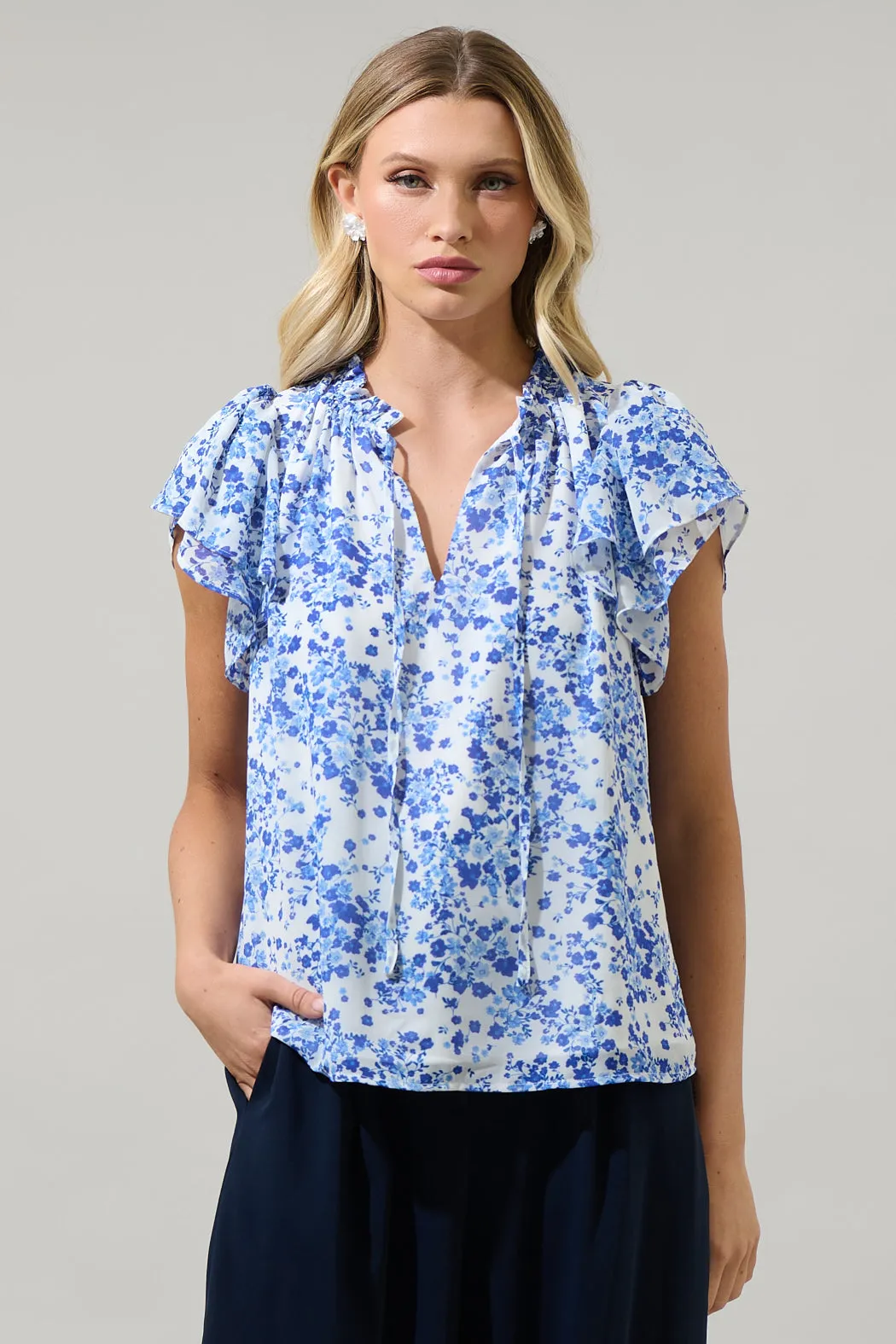 Camellia Floral Jewel Split Neck Top