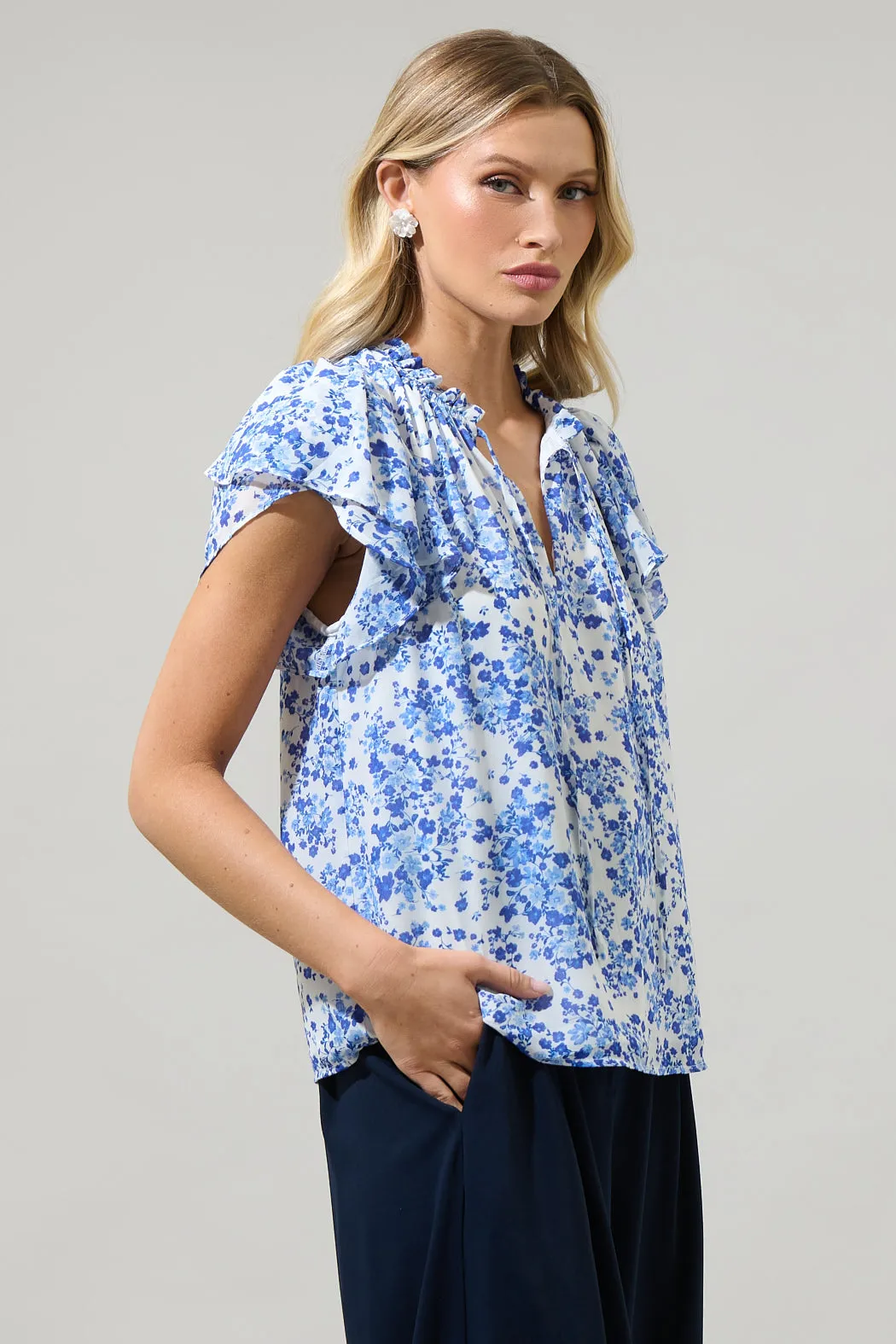 Camellia Floral Jewel Split Neck Top