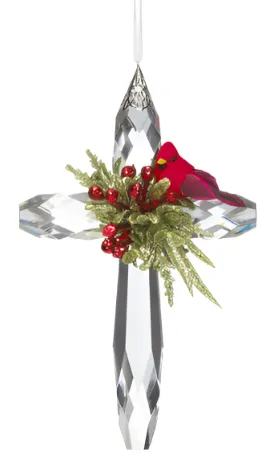 Crystal Mistletoe Cardinal Cross Ornament