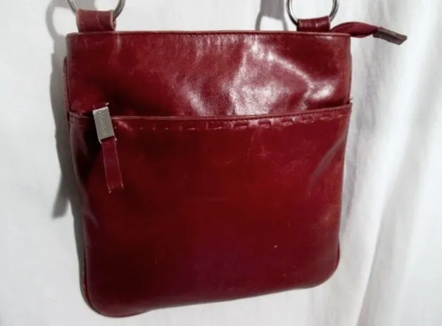 DEBENHAMS Leather Shoulder Bag Purse Swingpack Cross Body Pouch Stitch RED BROWN BURGUNDY