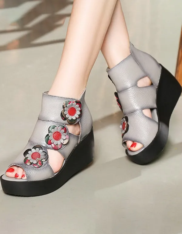 Ethnic Style Flower Fish Toe Wedge Sandals