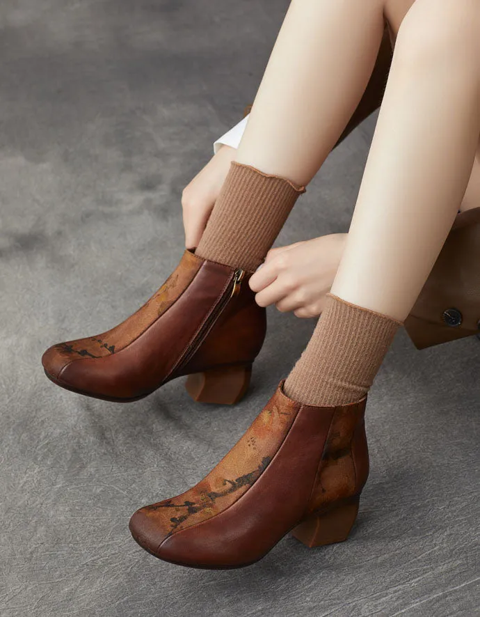 Ethnic Style Handmade Round Head Chunky Heel Boots