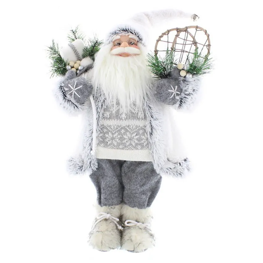 Festive 45cm Standing White/Grey Santa with Patterned Jumper