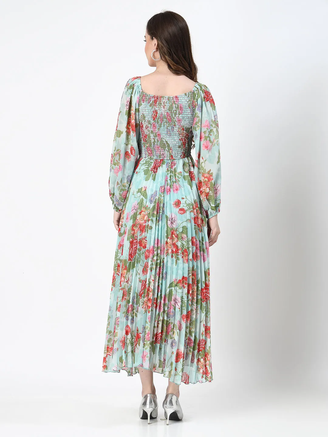 Floral Print Sea Green Long Dress