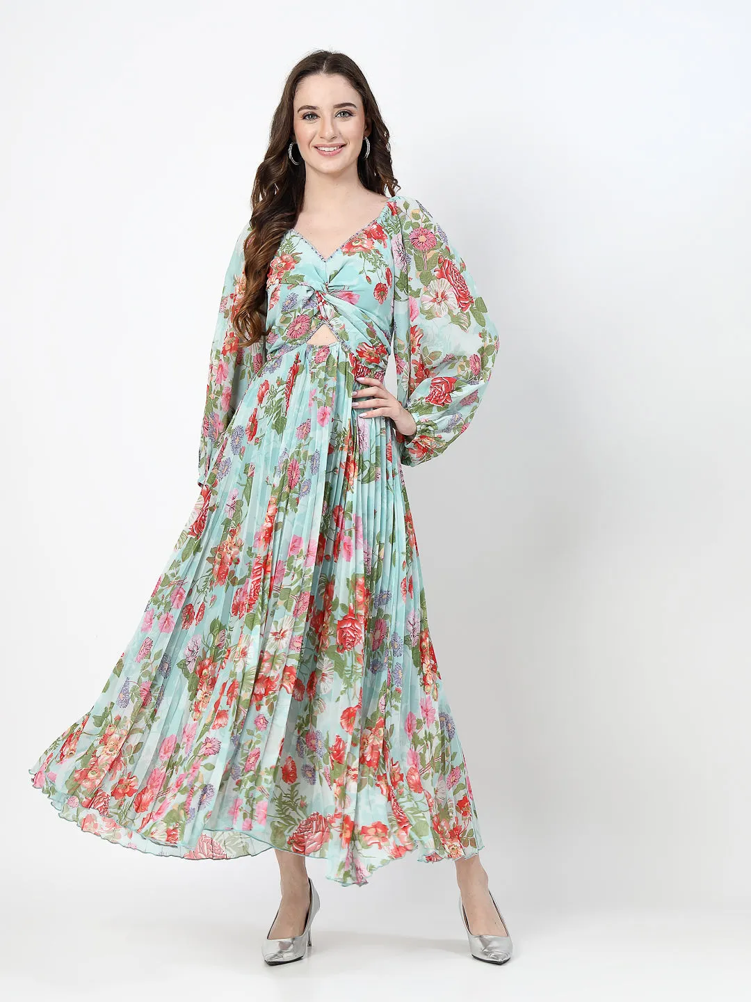 Floral Print Sea Green Long Dress