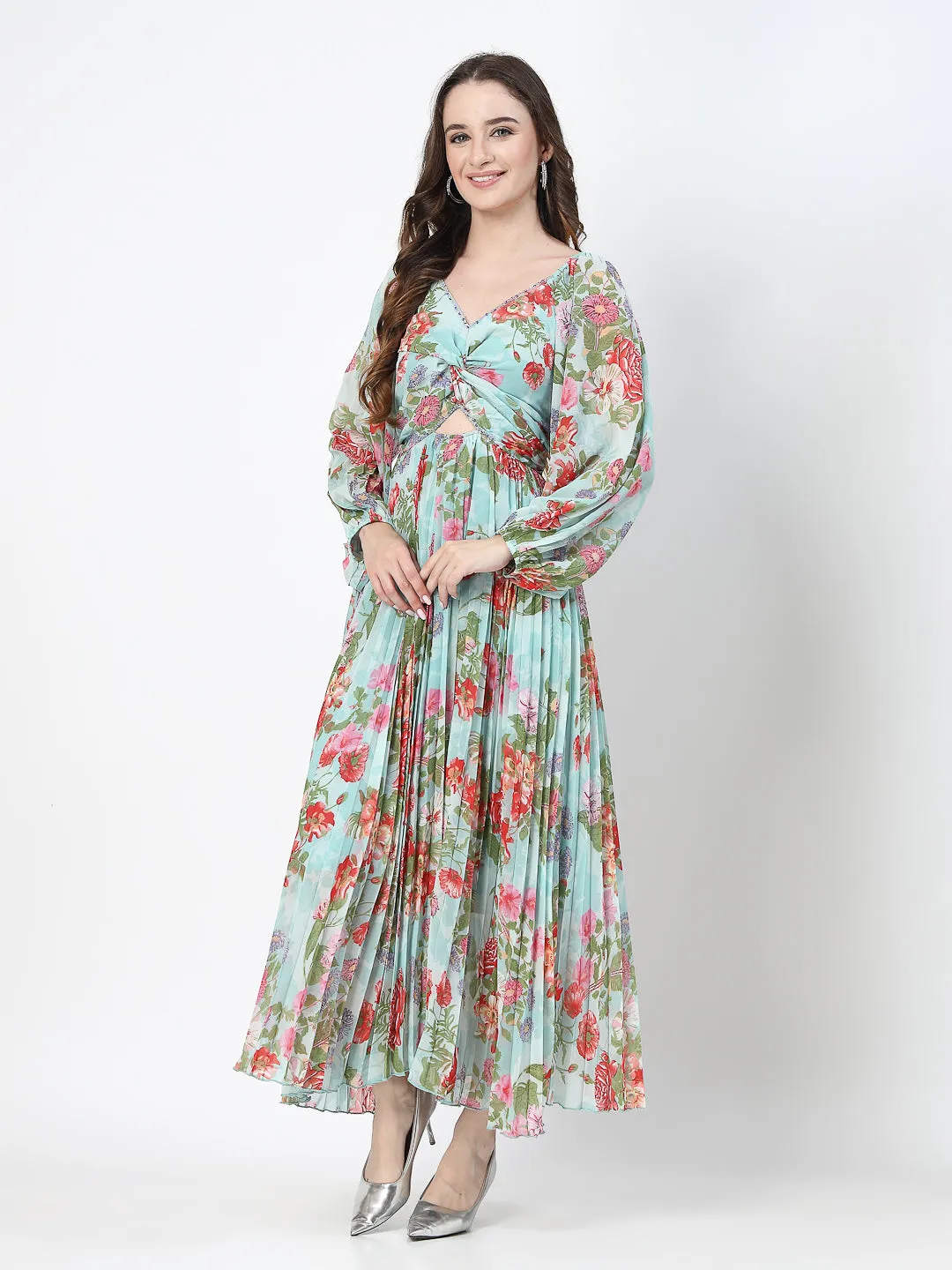 Floral Print Sea Green Long Dress