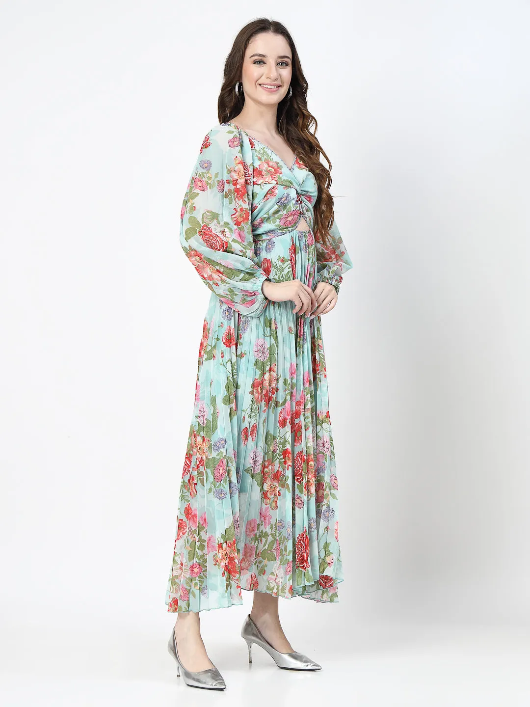 Floral Print Sea Green Long Dress