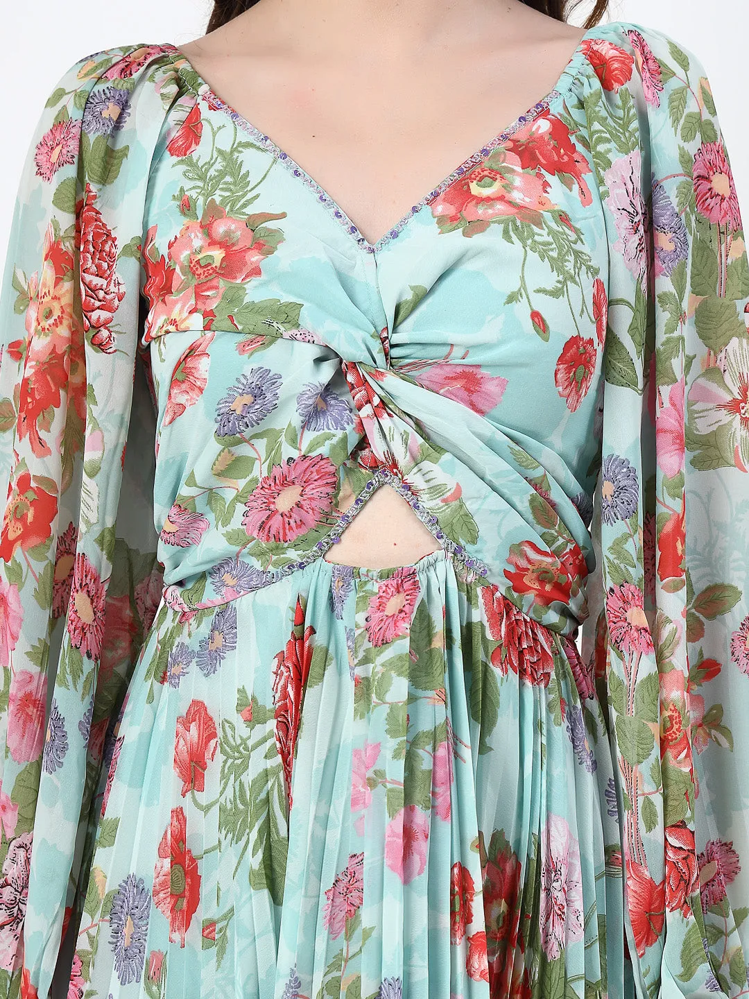 Floral Print Sea Green Long Dress