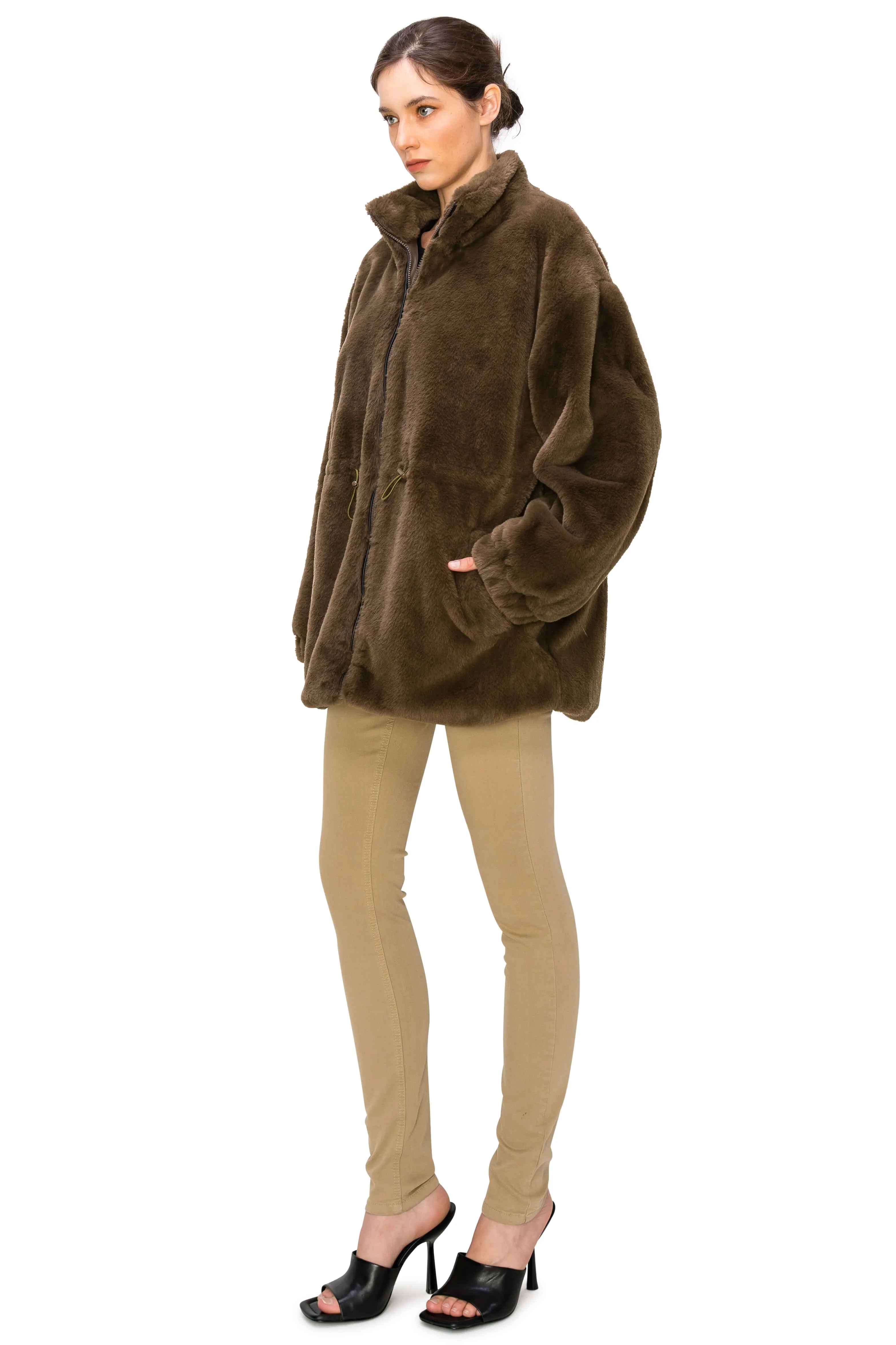 Fluffy Faux Fur Coat with Waist String - Olive