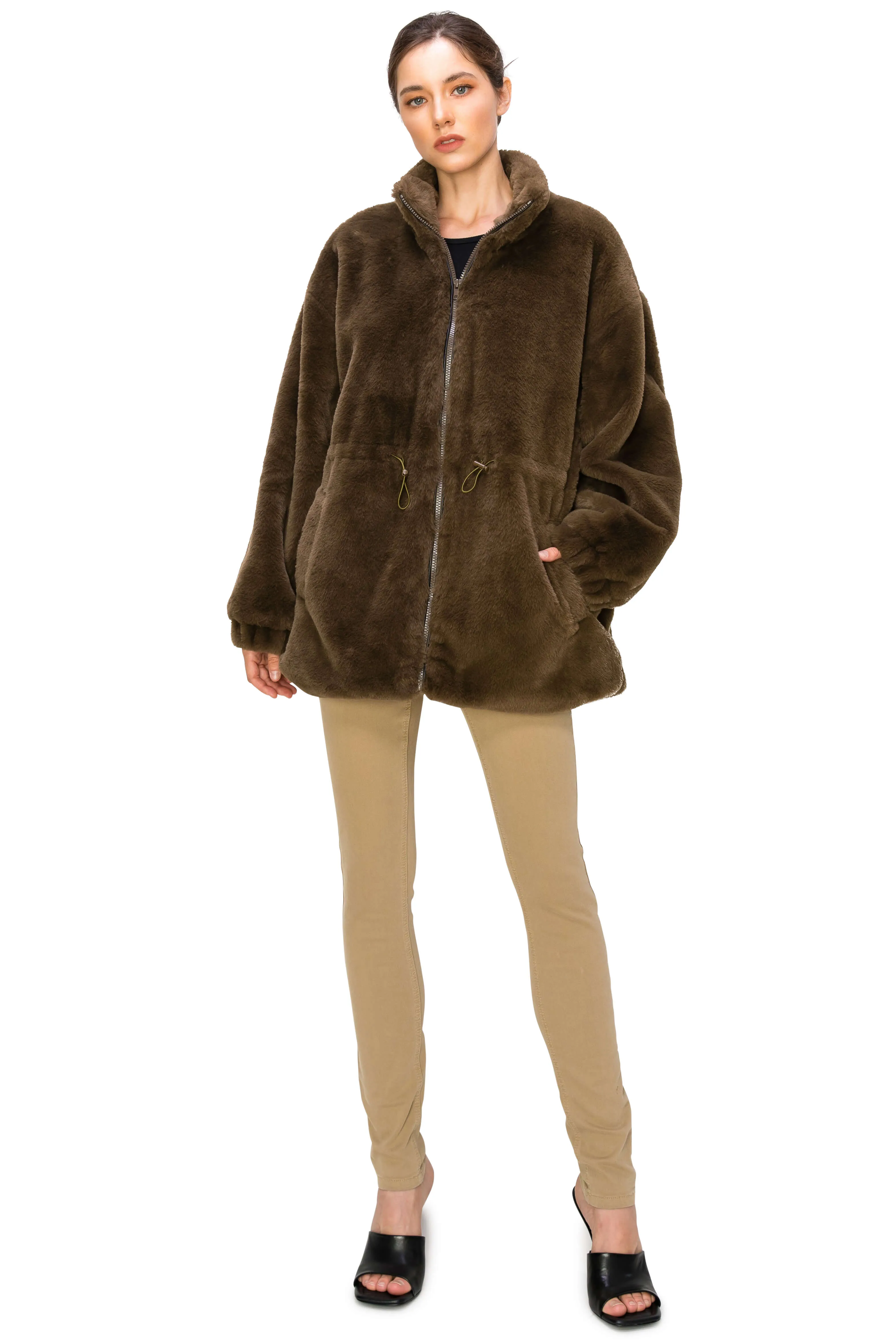 Fluffy Faux Fur Coat with Waist String - Olive