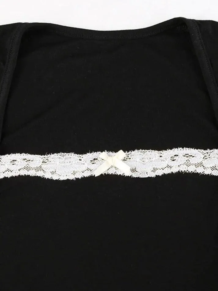 French Lace Trim Splice Slim Long Sleeve Tee