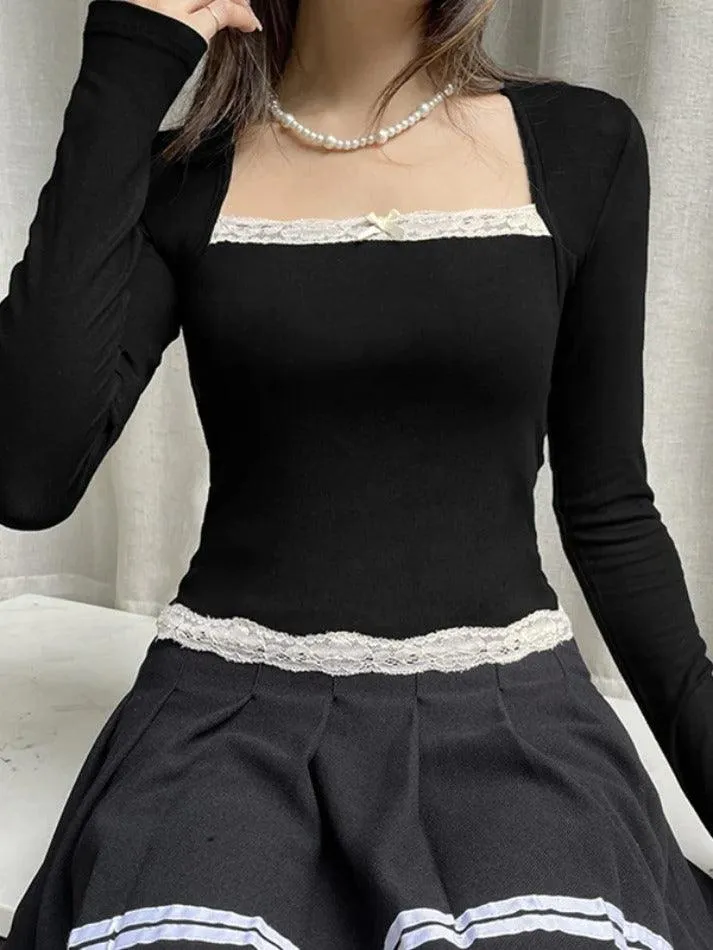 French Lace Trim Splice Slim Long Sleeve Tee