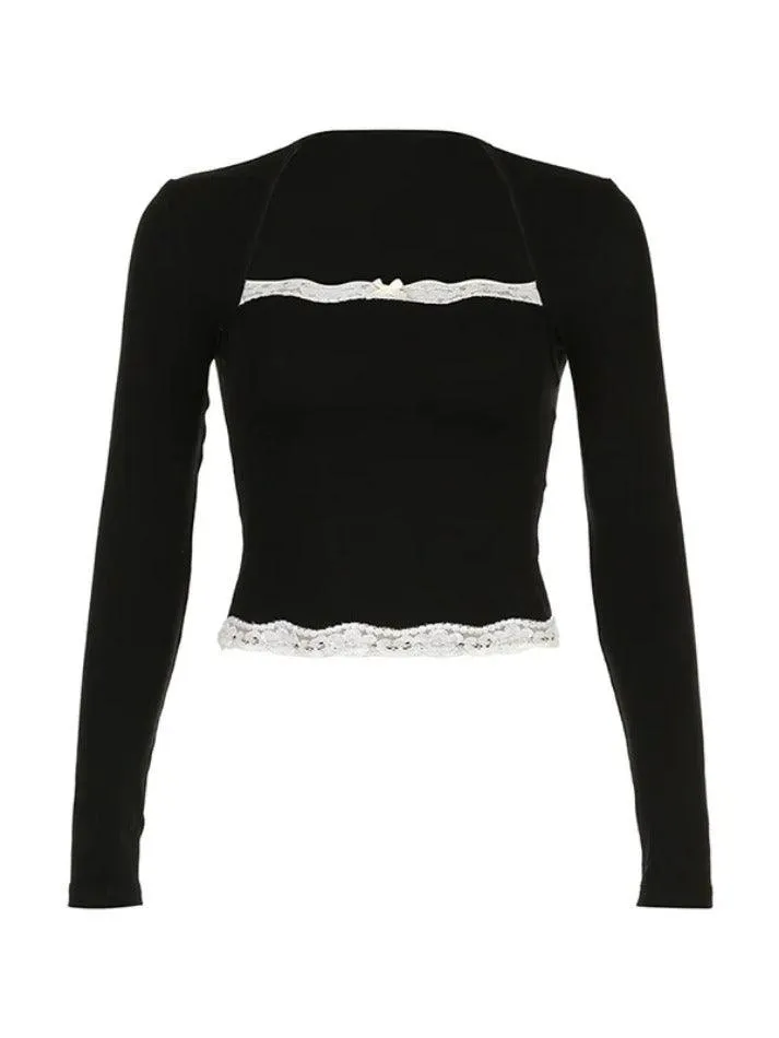 French Lace Trim Splice Slim Long Sleeve Tee