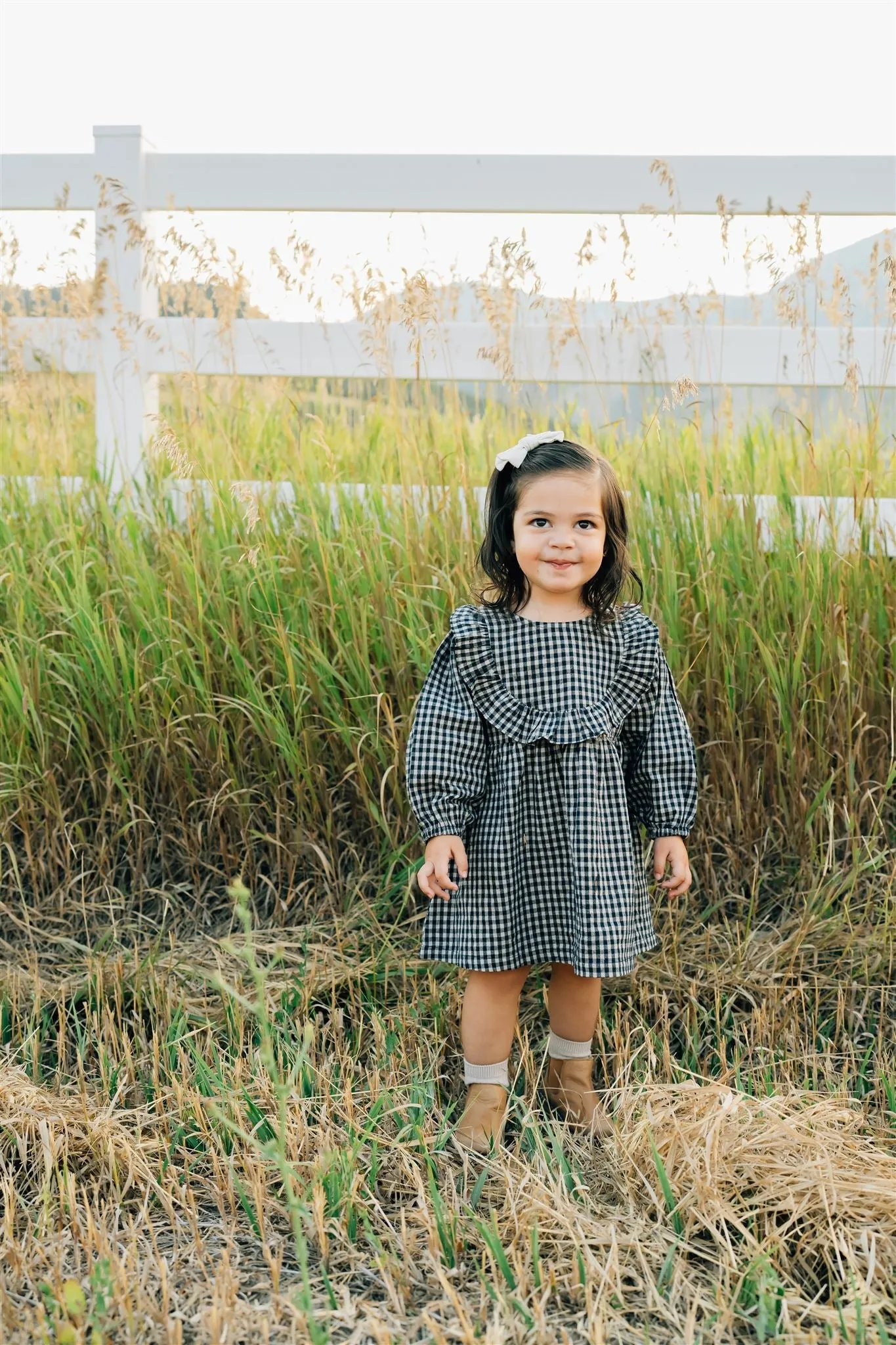 Gingham Long Sleeve Ruffle Linen Dress