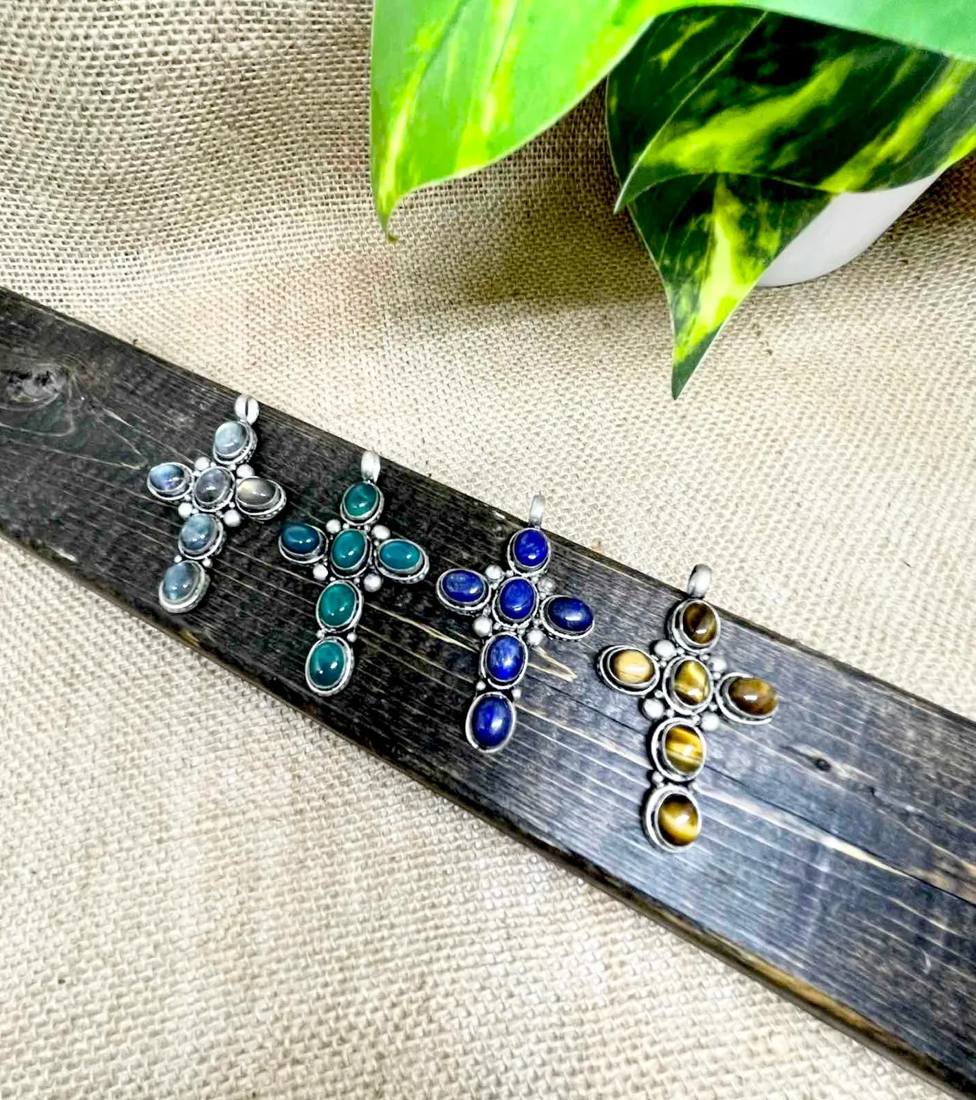 Long Cross Pendant, Handmade Labradorite Cross Jewelry, Women Necklace, Silver Cross, Gift for Him/Her, Tiger Eye Lapis Lazuli  Jade Piece