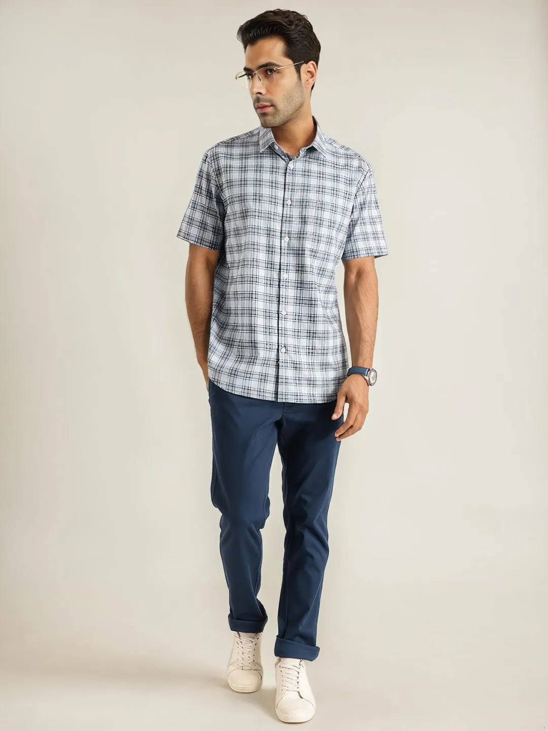 Men Checked Half Sleeve Cotton Shirt