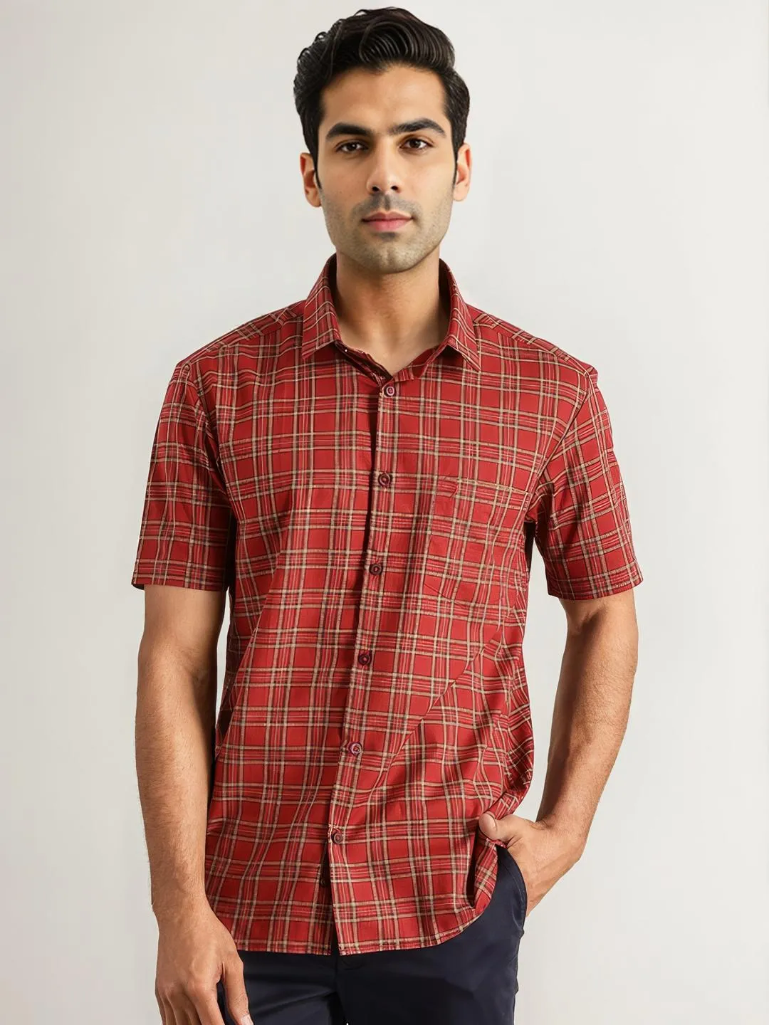 Men Checked Half Sleeve Cotton Shirt