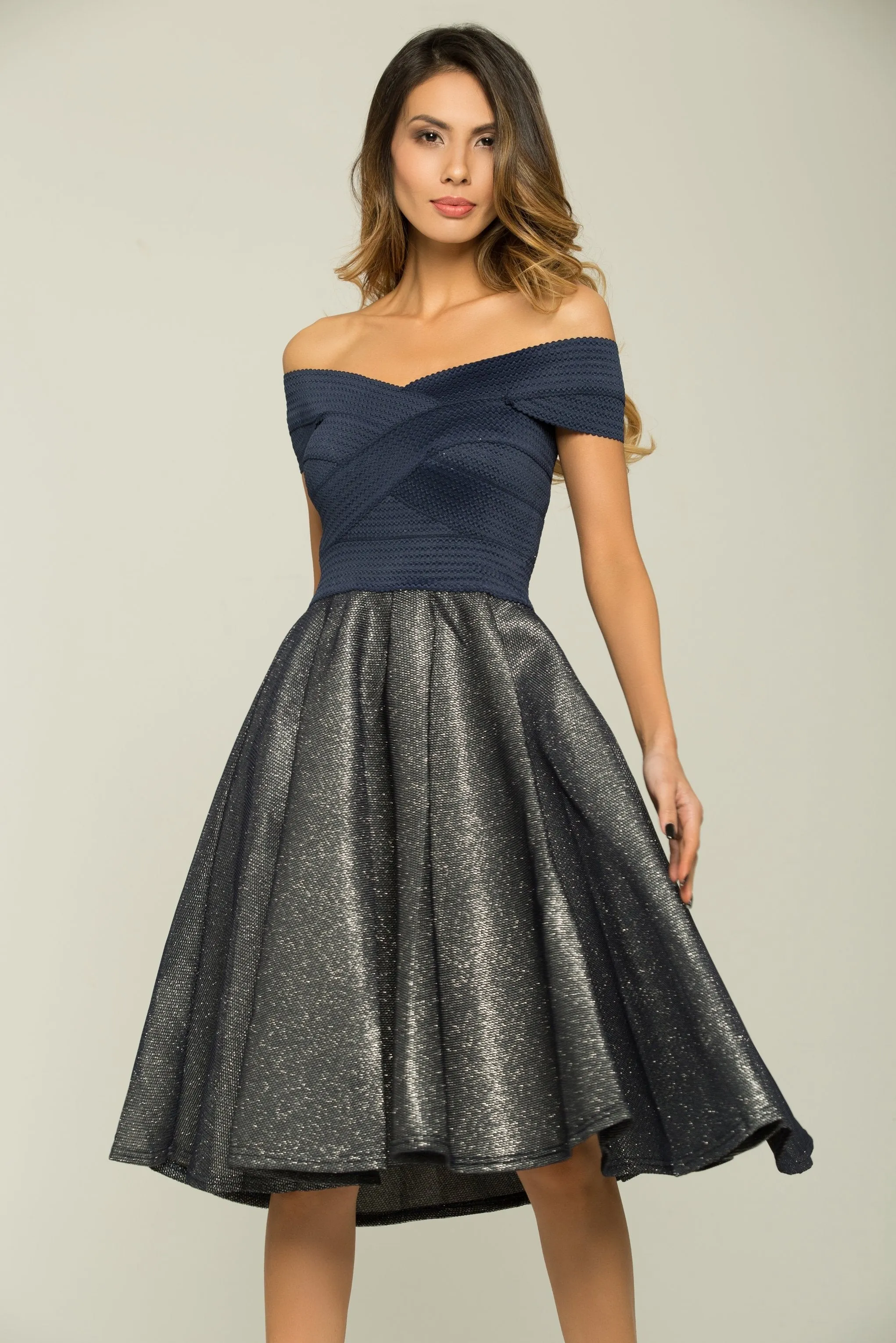 Navy Blue Criss Cross and Grey Shimmer Midi Dress