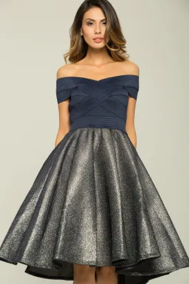 Navy Blue Criss Cross and Grey Shimmer Midi Dress