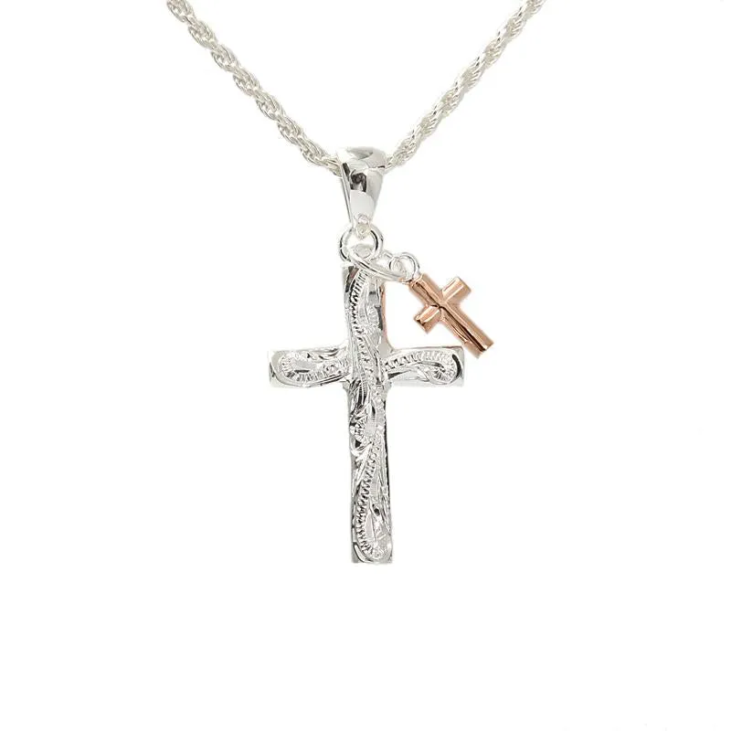 Sterling Silver Hawaiian Scroll Cross with Pink Gold Plated Cross Pendant (Chain Sold Separately)